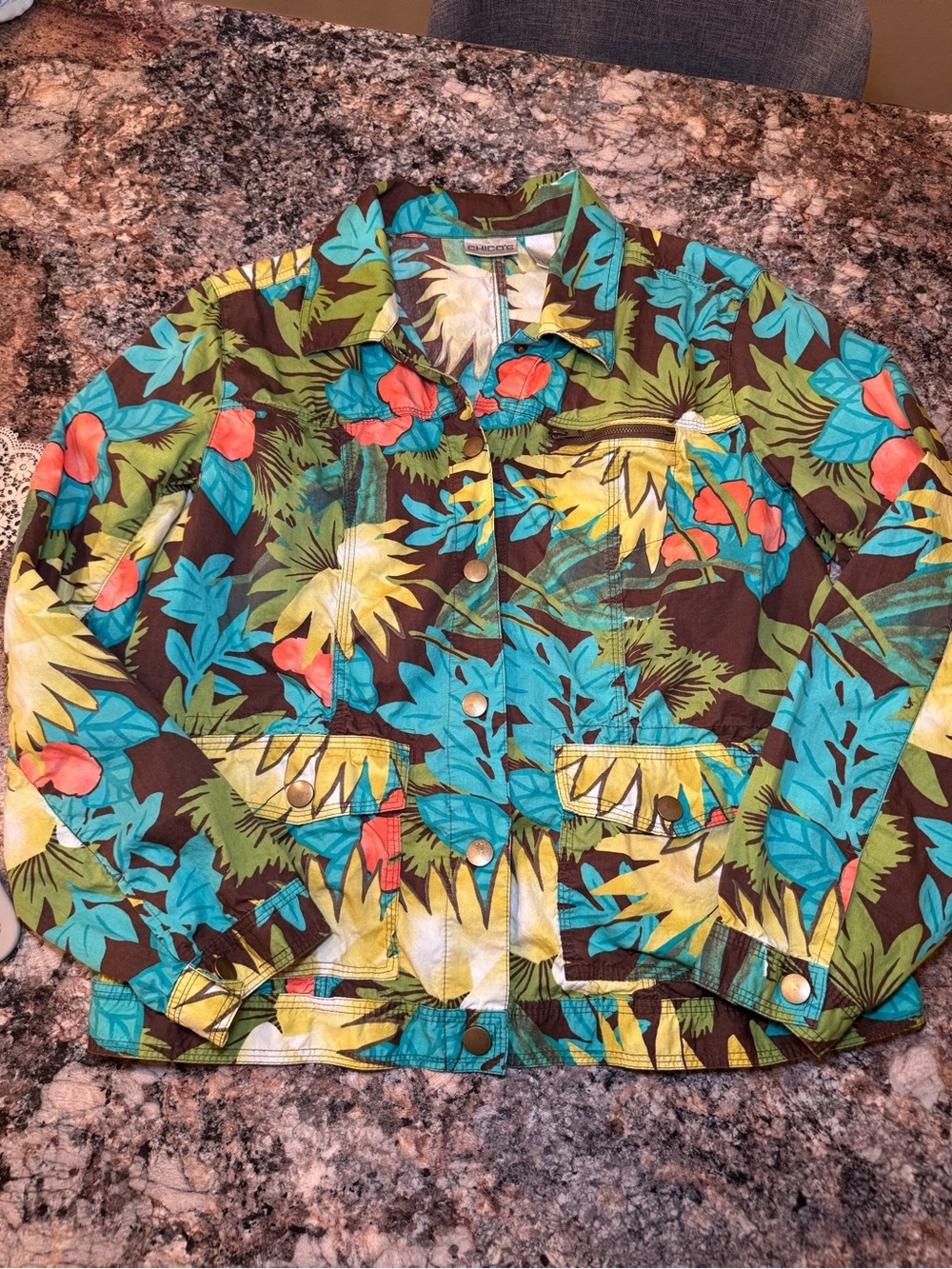 Chico's Green, Teal & Brown Tropical Print Top - Picture 2 of 6